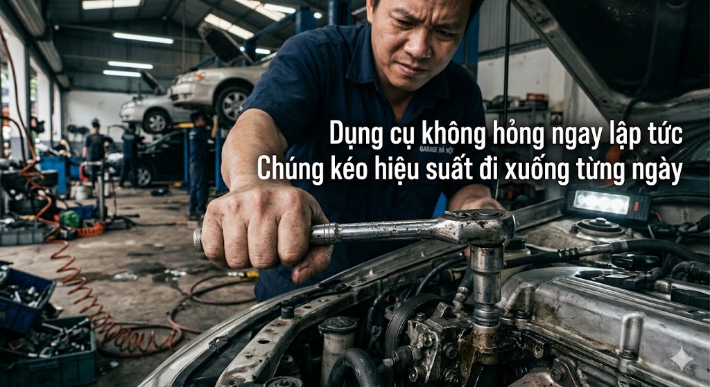 Đầu khẩu và cần siết lực cũ trong gara ô tô bắt đầu xuống cấp sau thời gian dài sử dụng liên tục