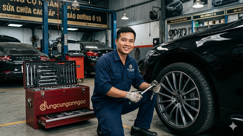 Thợ gara Việt Nam sử dụng dụng cụ gara chuyên nghiệp tại xưởng sửa chữa ô tô
