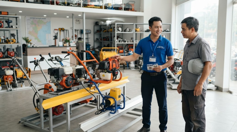 Tư vấn khách hàng mau máy đầm thước tại Hải Phòng