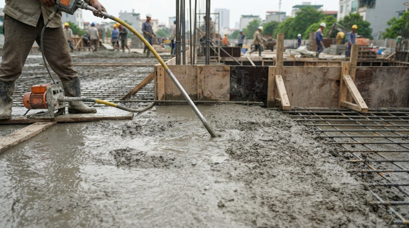 Dùng máy đầm bê tông dùi làm phẳng bề mặt